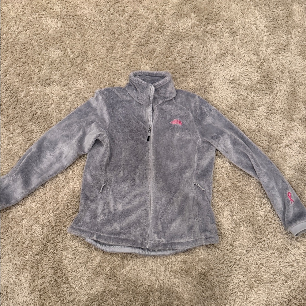 The North Face womens Gray Fleece Jacket with breast cancer logo
